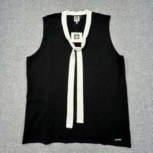 Anne Klein Sweater Vest Womens XL Black Tie Neck Lightweight Corporate Chic NEW